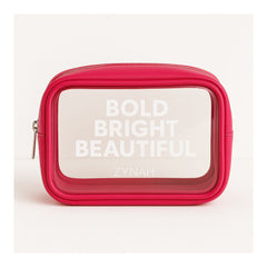 Pink makeup bag with 'Bold Bright Beautiful' text on a white background