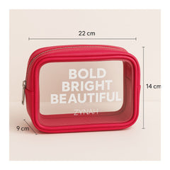 Red cosmetic bag with 'Bold Bright Beautiful' text and ZYNAH branding, shown with measurements on a beige background.