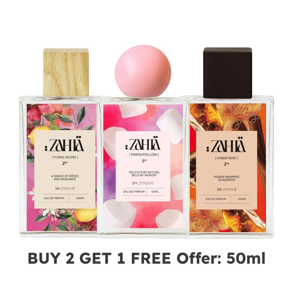 Shop Zahia Floral Desire + Marshmallow + Amber Noir Perfumes (50ml) on ZYNAH