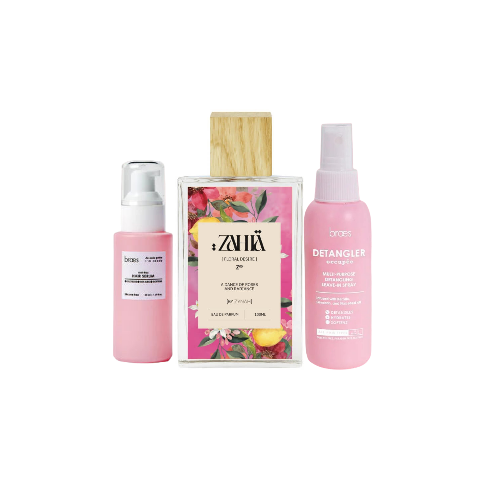 Zahia Floral Desire Perfume + Braes Detangling Leave-in Spray + Braes Hair Serum on ZYNAH