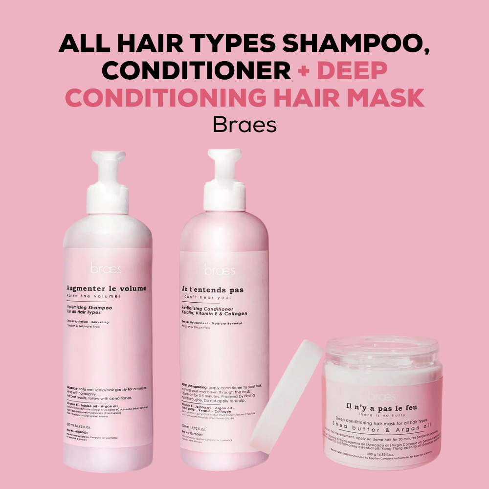 Shop Braes All Hair Types Shampoo + Conditioner + Deep Conditioning Hair Mask on ZYNAH
