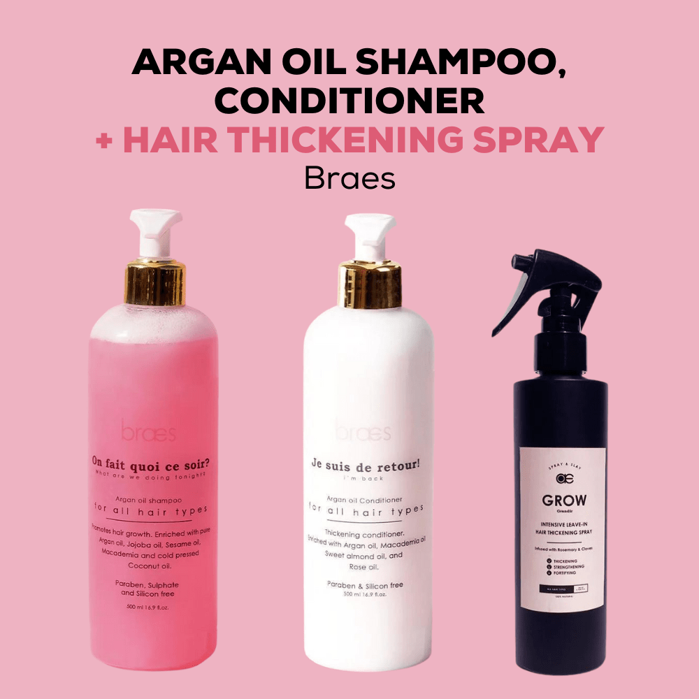 Shop the Braes Argan Oil Shampoo + Conditioner + Hair Thickening Spray on ZYNAH