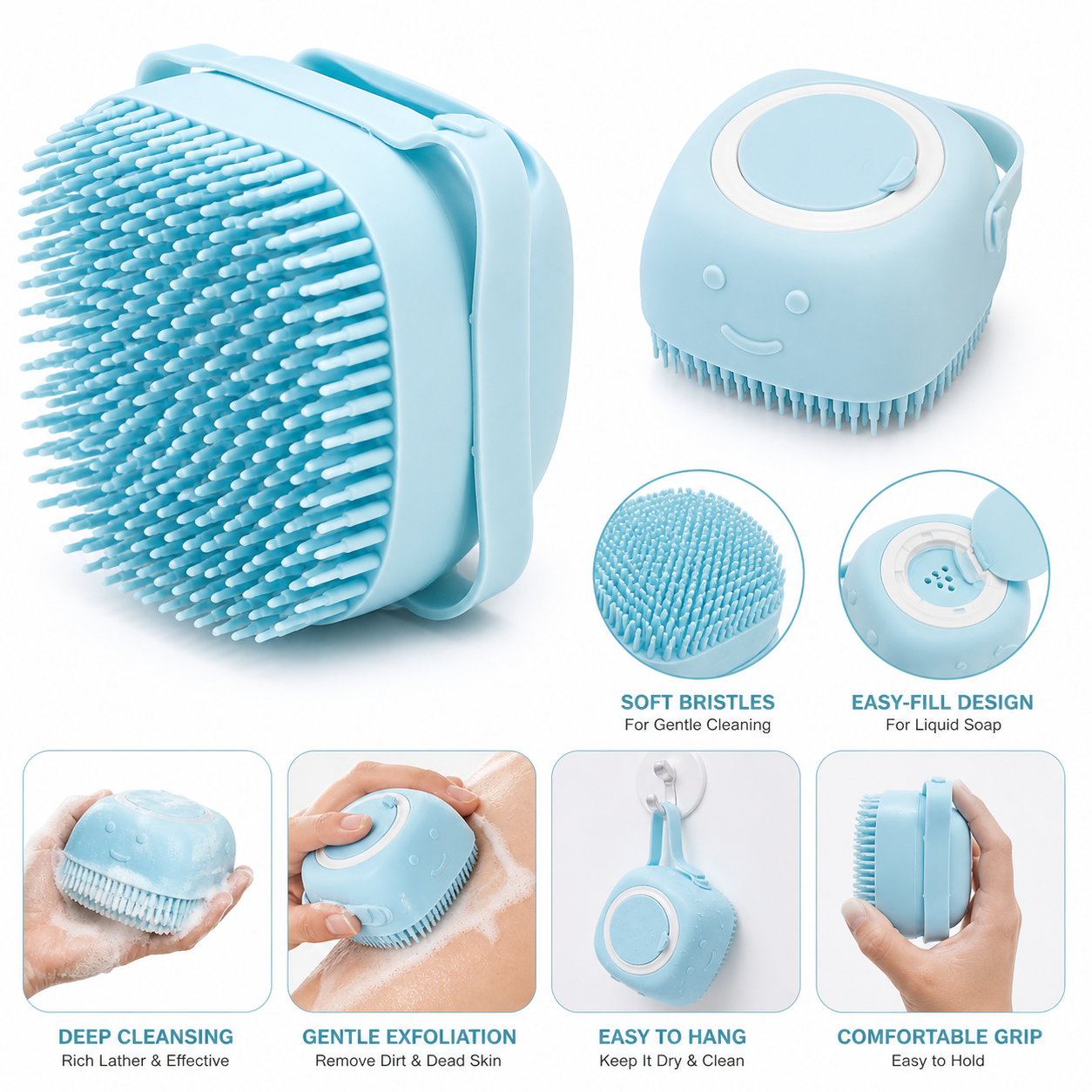Silicone Body Scrubber with Soap Dispenser – Soft Exfoliating Shower Brush (Handheld)