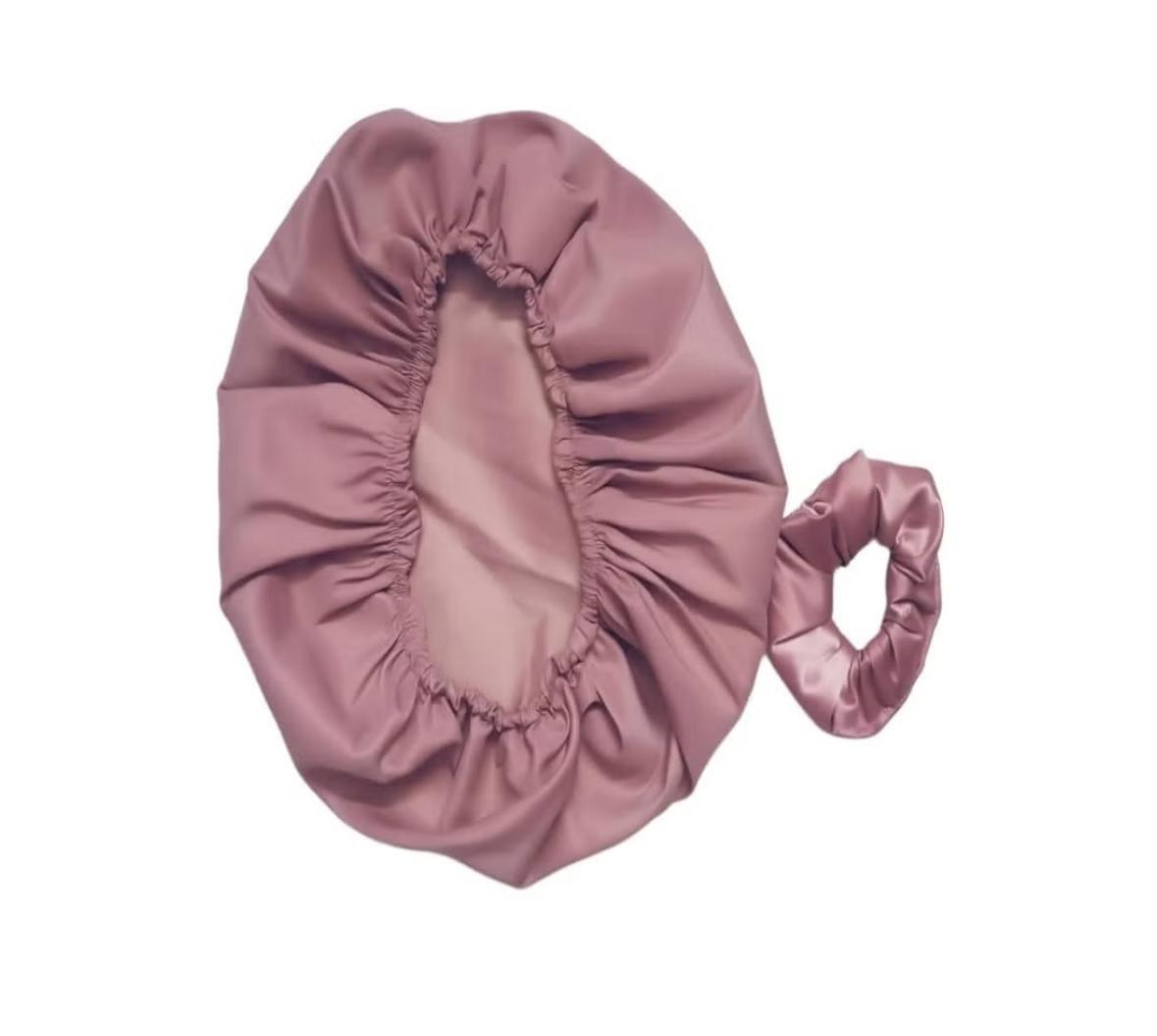 Pink satin bonnet and matching scrunchie 