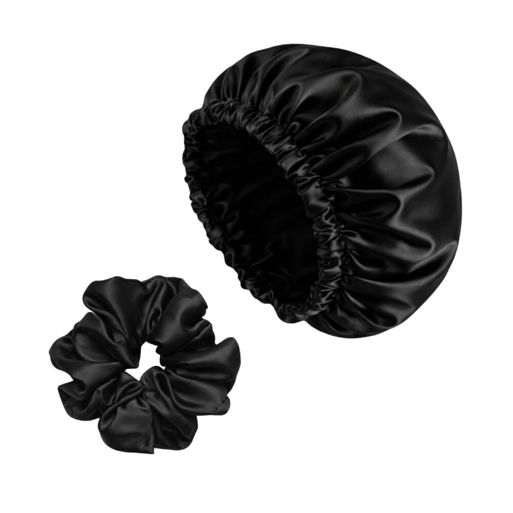 ZYNAH Black Satin Hair Bonnet + Satin Scrunchie