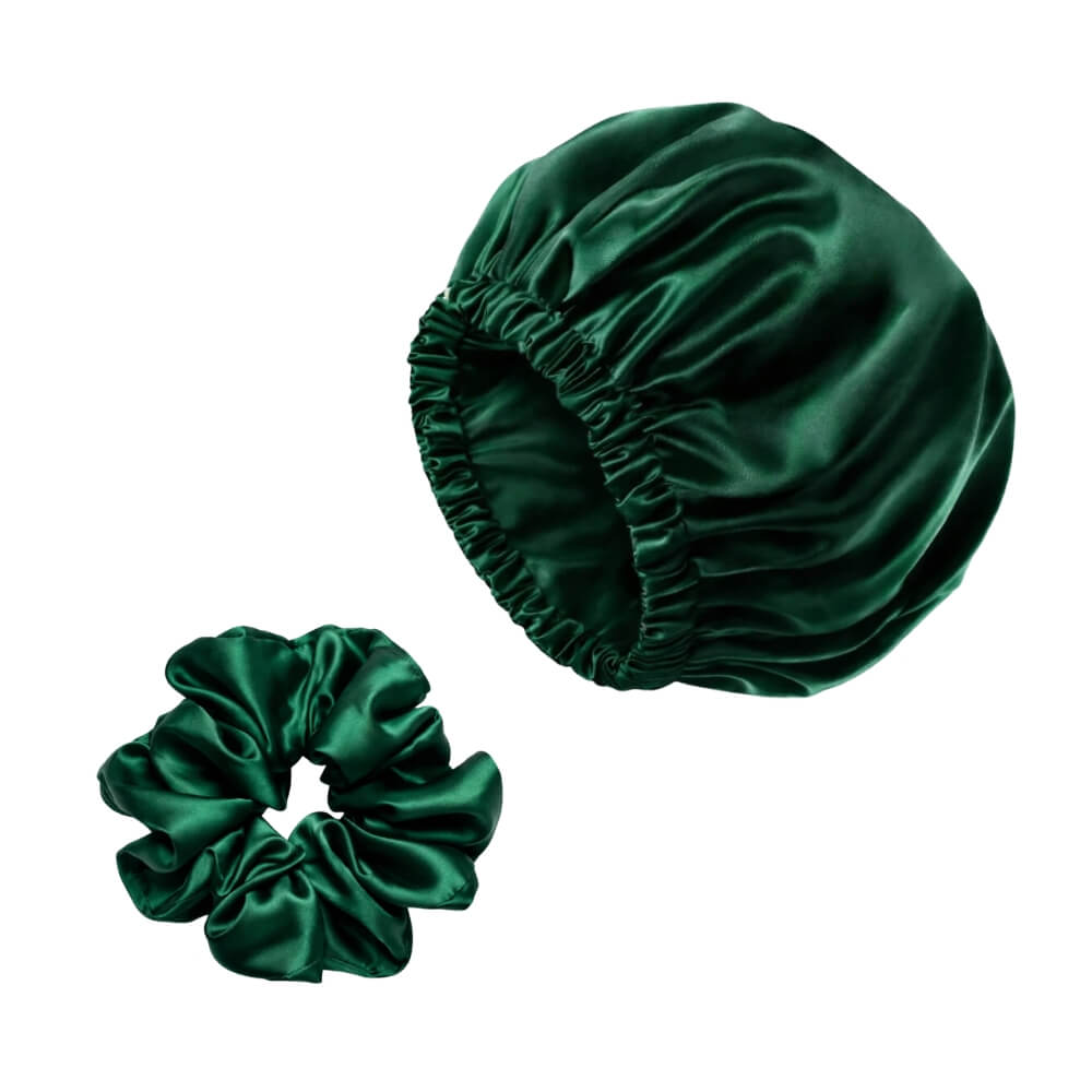 ZYNAH Emerald Satin Hair Bonnet + Satin Scrunchie