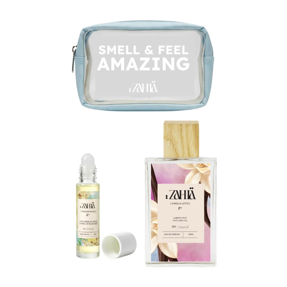 Shop Zahia Vanilla Latte Eau de Parfum & Powder Musk Perfume Oil on ZYNAH