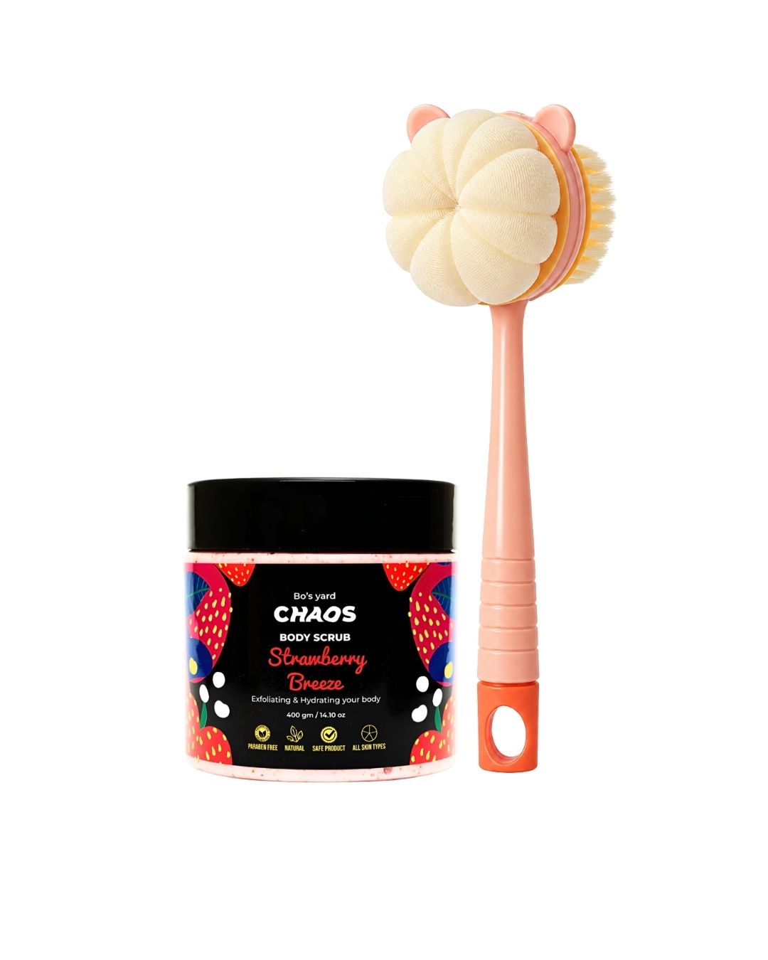 2-in-1 Scrubbing & Cleansing Brush + Chaos Strawberry Breeze Body Scrub on ZYNAH