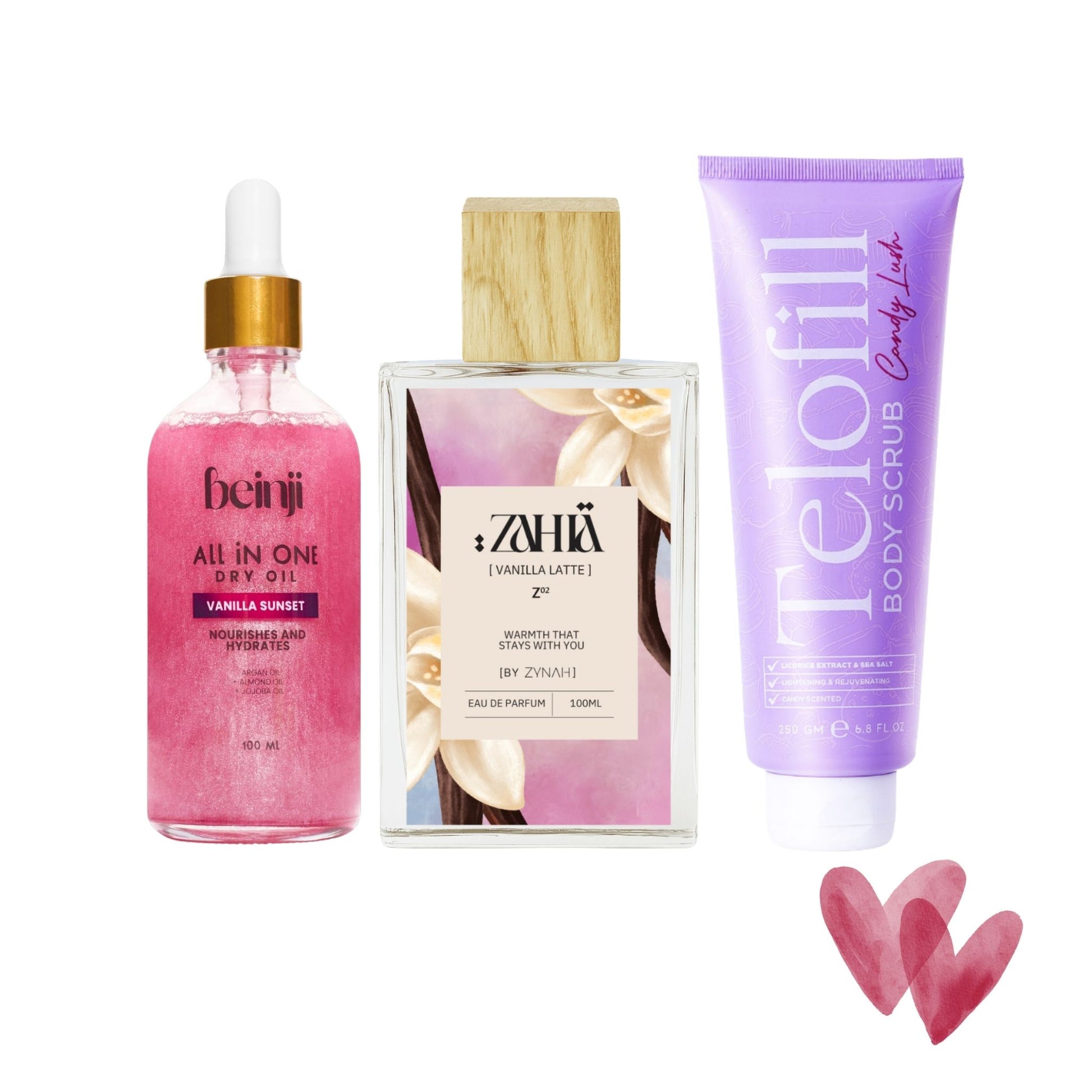 Valentine’s Bliss Trio ( Beinji Dry Oil + Telofill Body Scrub + Zahia Perfume ) on ZYNAH