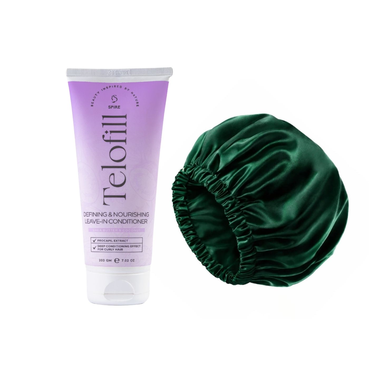ZYNAH Satin Hair Bonnet ( Emerald ) + Telofill Defining & Nourishing Leave-In Conditioner on ZYNAH
