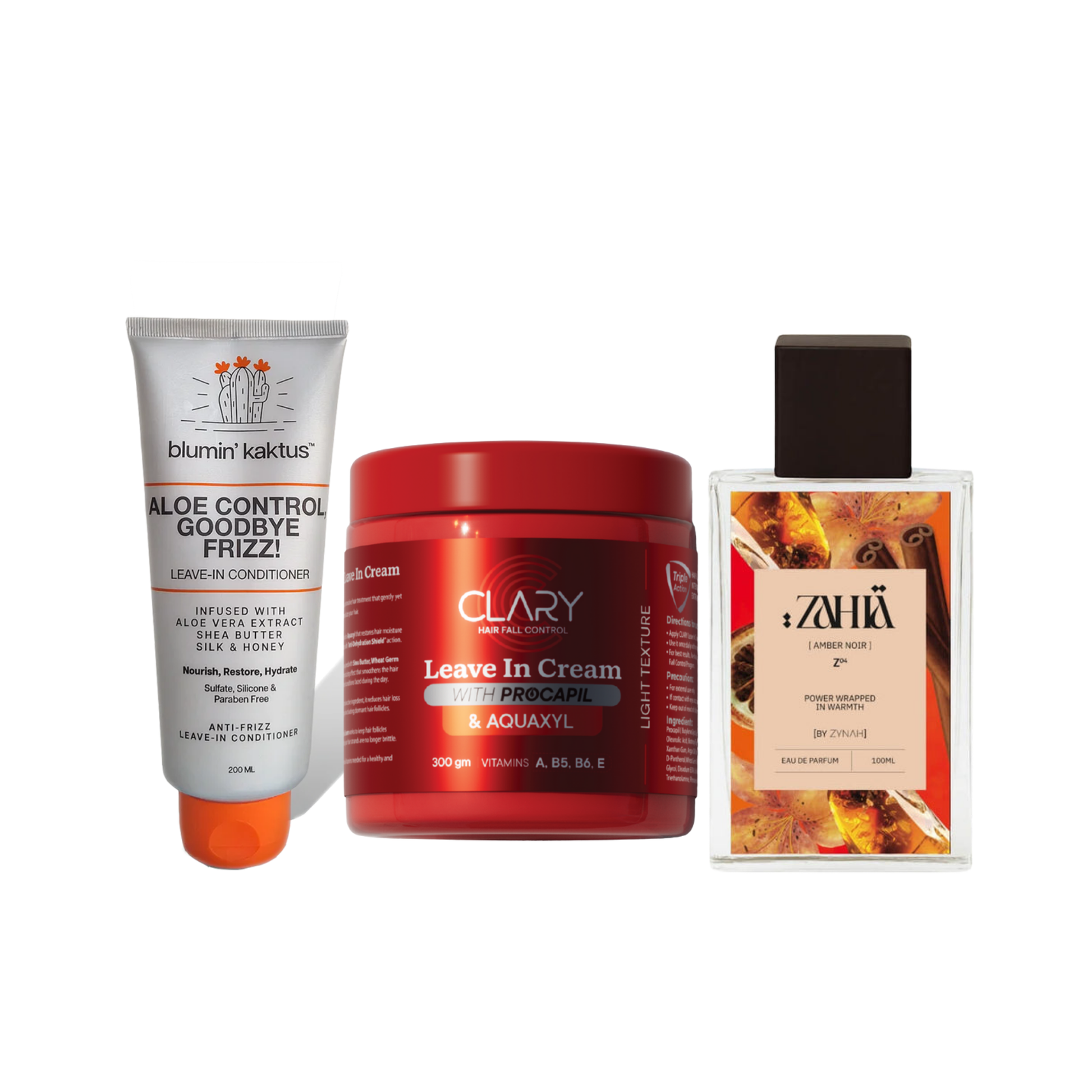 Zahia Amber Noir Perfume + Aloe Control, Goodbye Frizz! Leave-in Conditioner + Clary Leave-in Cream  on ZYNAH