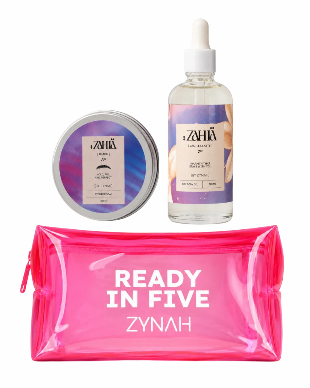 Zahia Dry Oil Vanilla Latte + Zahia Black Brow Soap + Pouch on ZYNAH