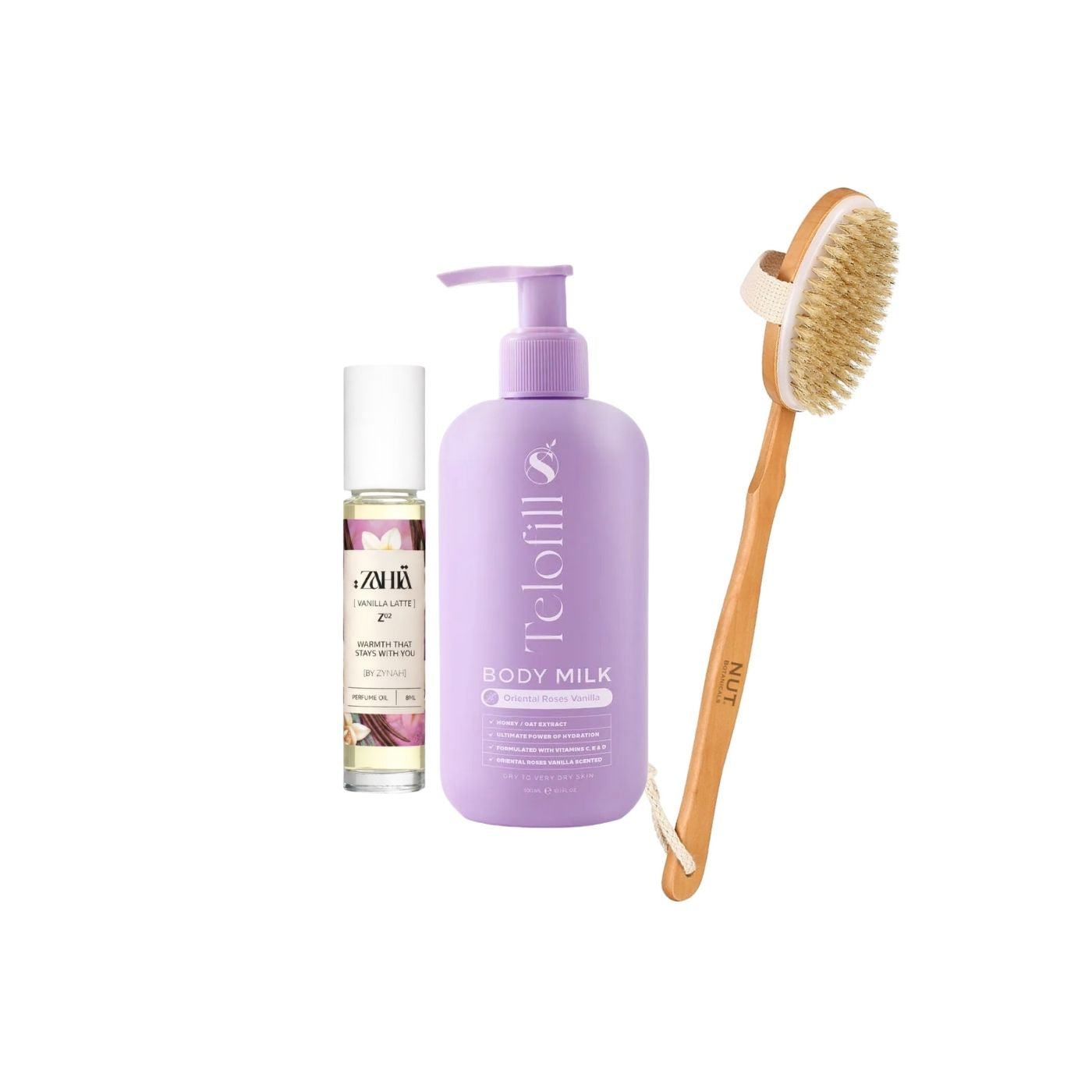 Zahia Vanilla Latte Oil Perfume + Nut Dry Brush + Telofill Body Milk on ZYNAH