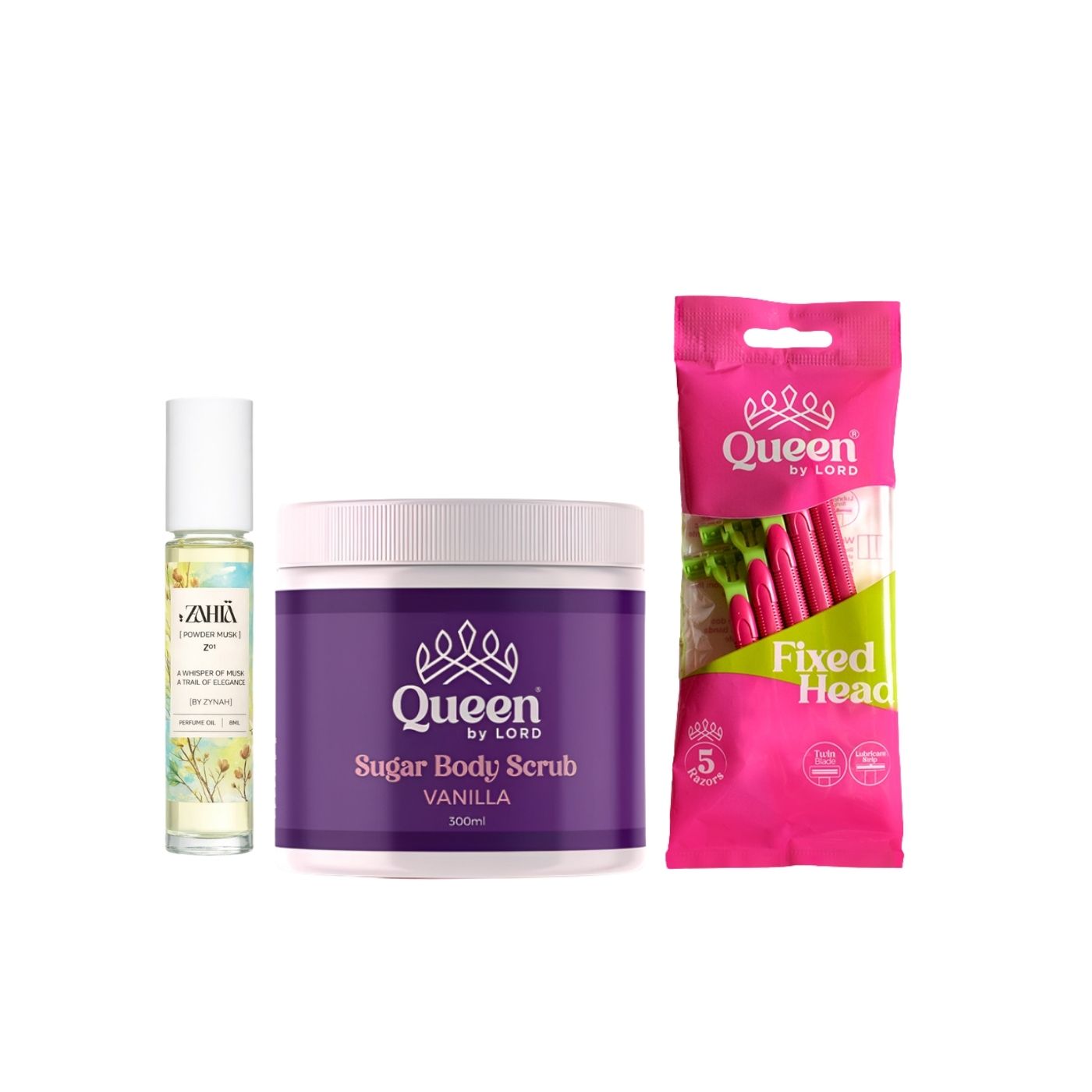 Zahia Powder Musk Oil Perfume + QUEEN BY LORD 5 Disposable Razors + Queen Body Sugar Scrub on ZYNAH