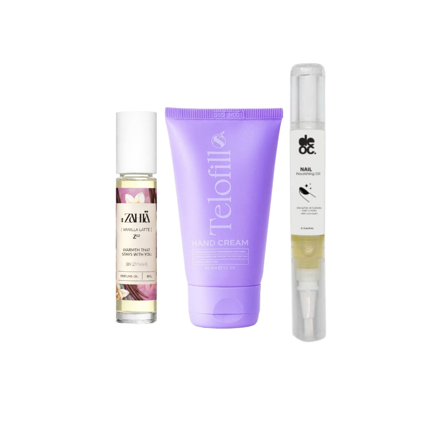 Zahia Vanilla Latte Oil Perfume + Telofill Hand Cream + DEOC Nourishing & Strengthening Nail Oil on ZYNAH