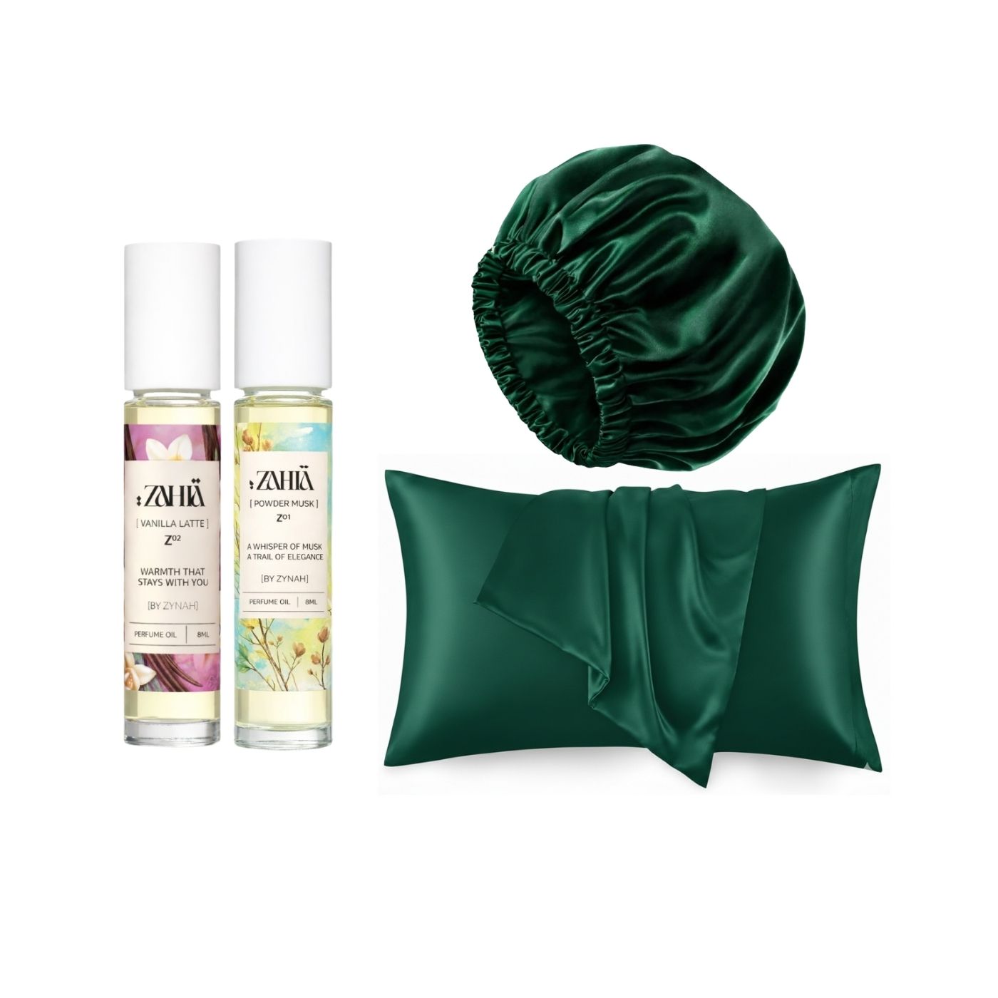 Zahia Powder Musk & Vanilla Latte Oil Perfume + ZYNAH Satin Hair Bonnet + ZYNAH Satin Pillowcase on ZYNAH