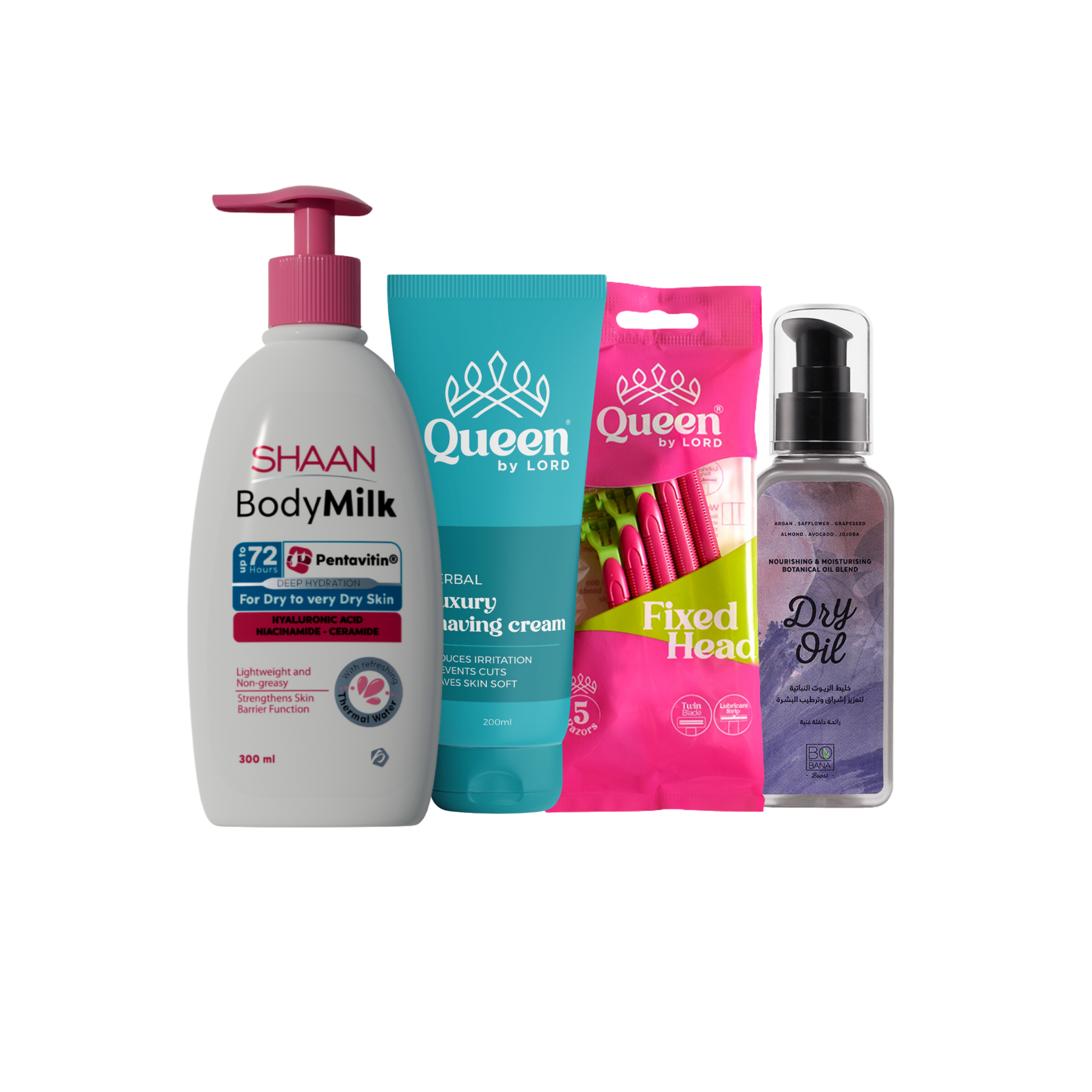 Stay Soft Winter Set ( Queen Shaving Cream & Razor + Shaan Body Milk Lotion + Bobana Dry Oil ) on ZYNAH