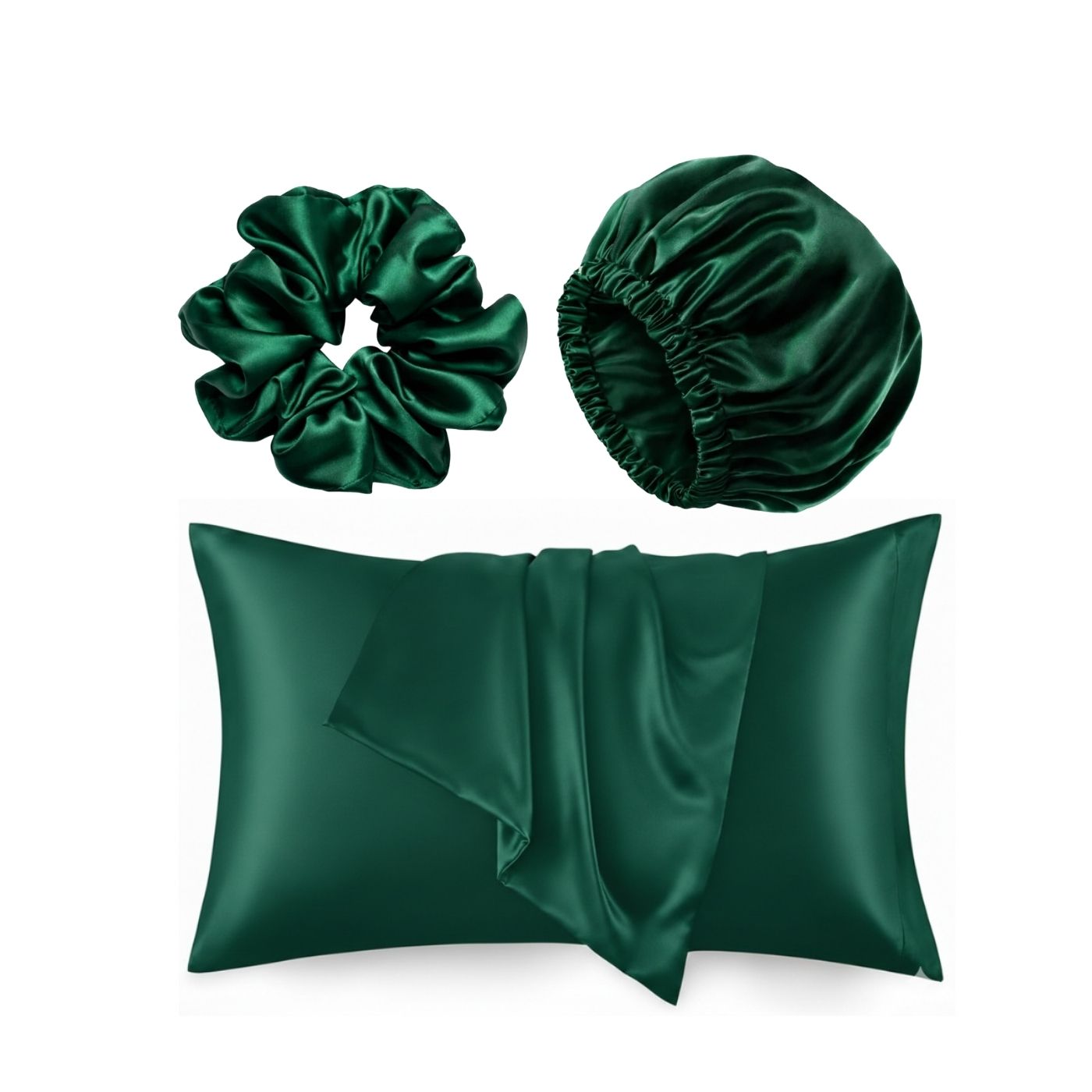ZYNAH Emerald Satin Bonnet & Pillowcase Bundle & Satin Scrunchie on ZYNAH