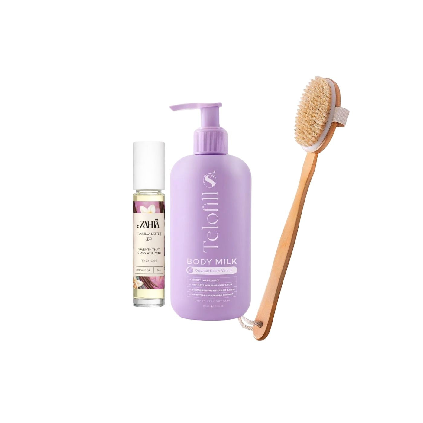 Zahia Vanilla Latte Oil Perfume + ZYNAH Dry Brush + Telofill Body Milk on ZYNAH