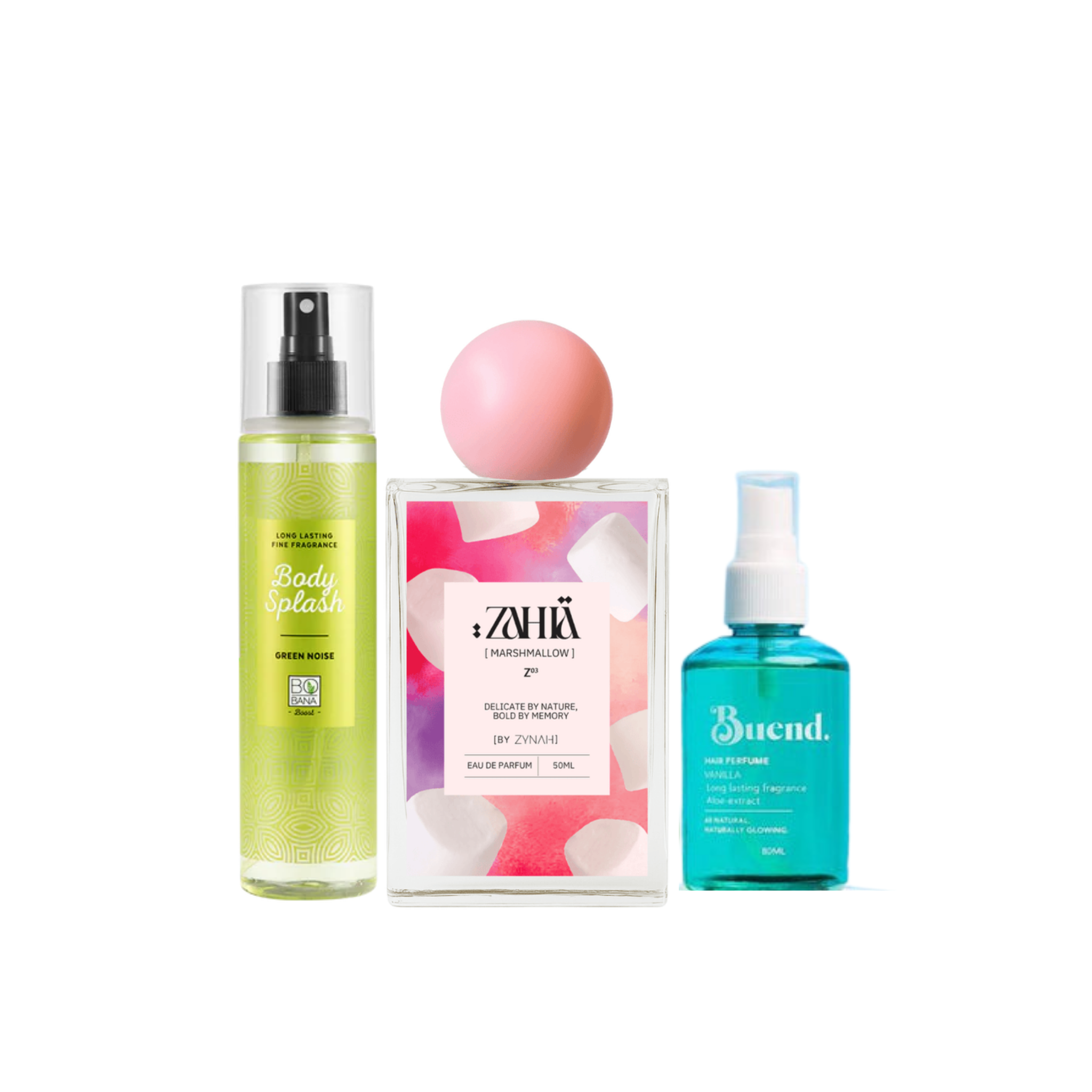Fragrance & Mist ( Zahia Marshmallow Perfume + Bobana Green Noise Body Splash + Buend Cotton Candy Hair Perfume ) on ZYNAH