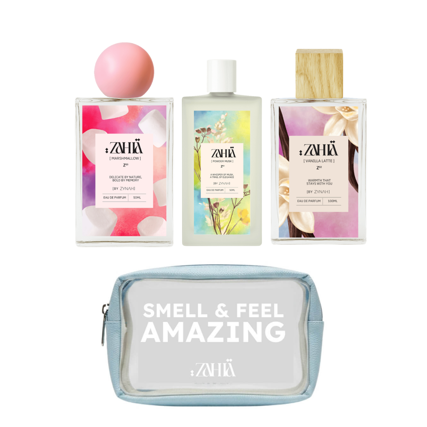Zahia Powder Musk Perfume + Creamy Vanilla Perfume + Marshmallow Perfume on ZYNAH