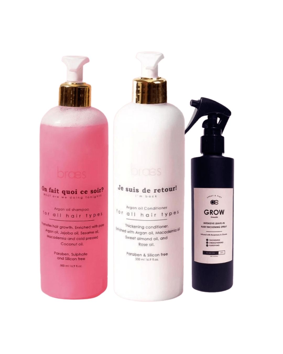 Braes Argan Oil Shampoo + Conditioner + Hair Thickening Spray on ZYNAH