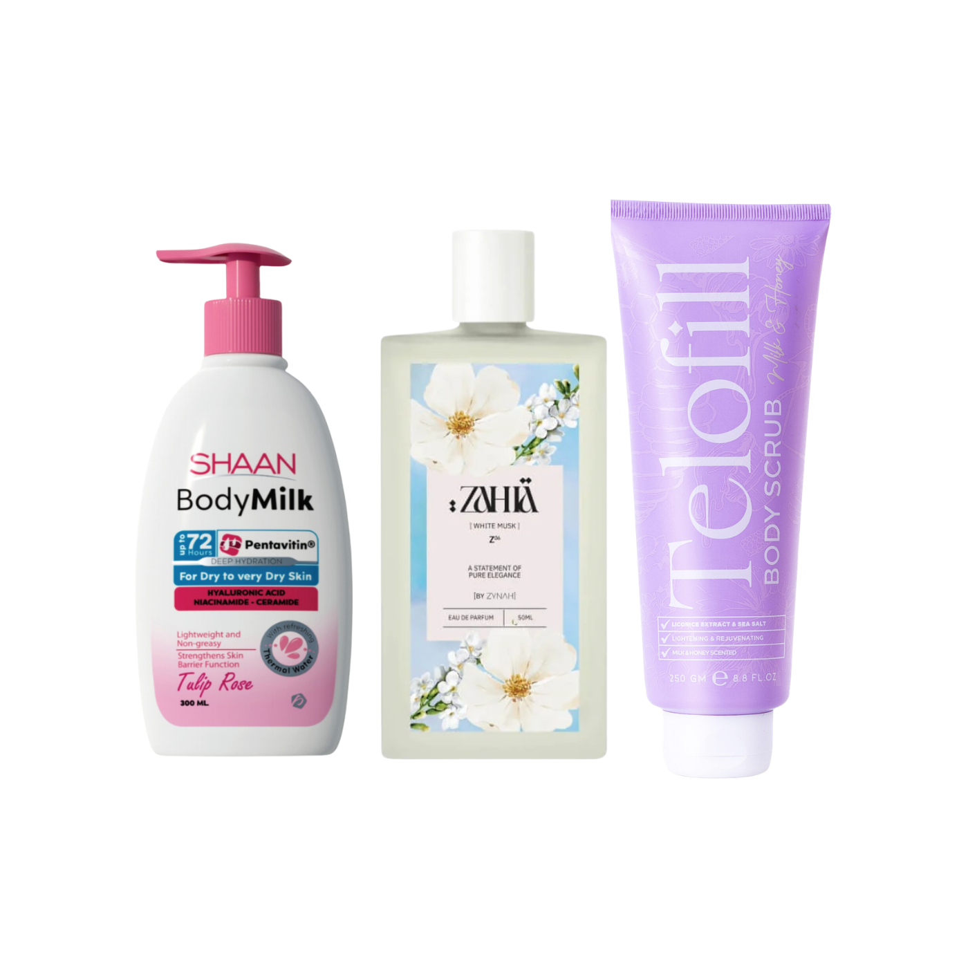Zahia White Musk Perfume + Shop Shaan Body Milk + Telofill Body Scrub on ZYNAH