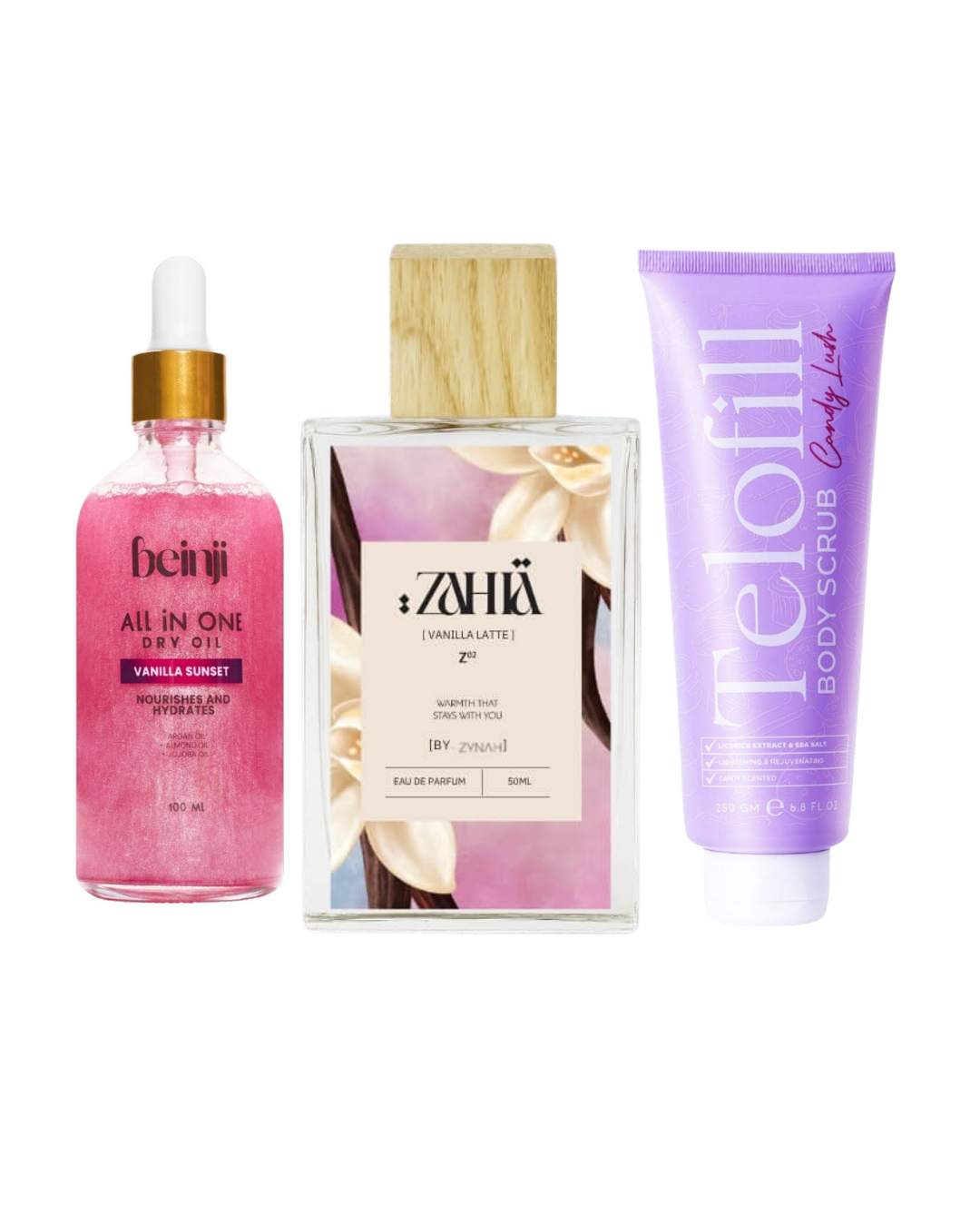 Bliss Trio ( Beinji Dry Oil + Telofill Body Scrub + Zahia Perfume 50ML ) on ZYNAH