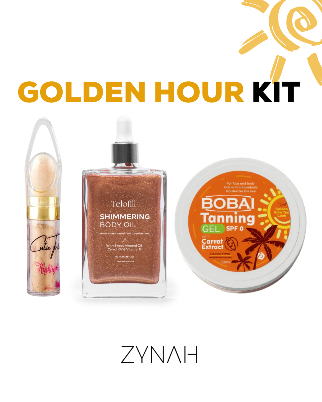 Golden Hour Kit ( Telofill Body Oil + Bobai Tanning Gel + CT Face Highlighter ) on ZYNAH