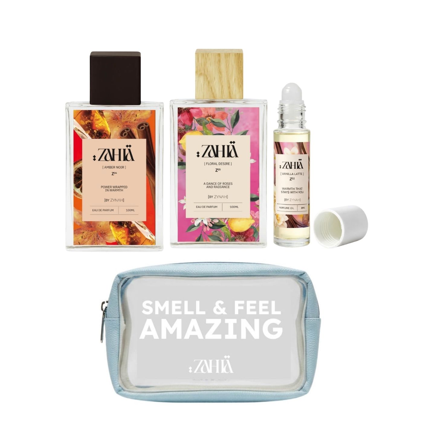 Zahia Amber Noir Perfume + Floral Desire Perfume + Vanilla Latte Oil Perfume + Beauty Pouch on ZYNAH