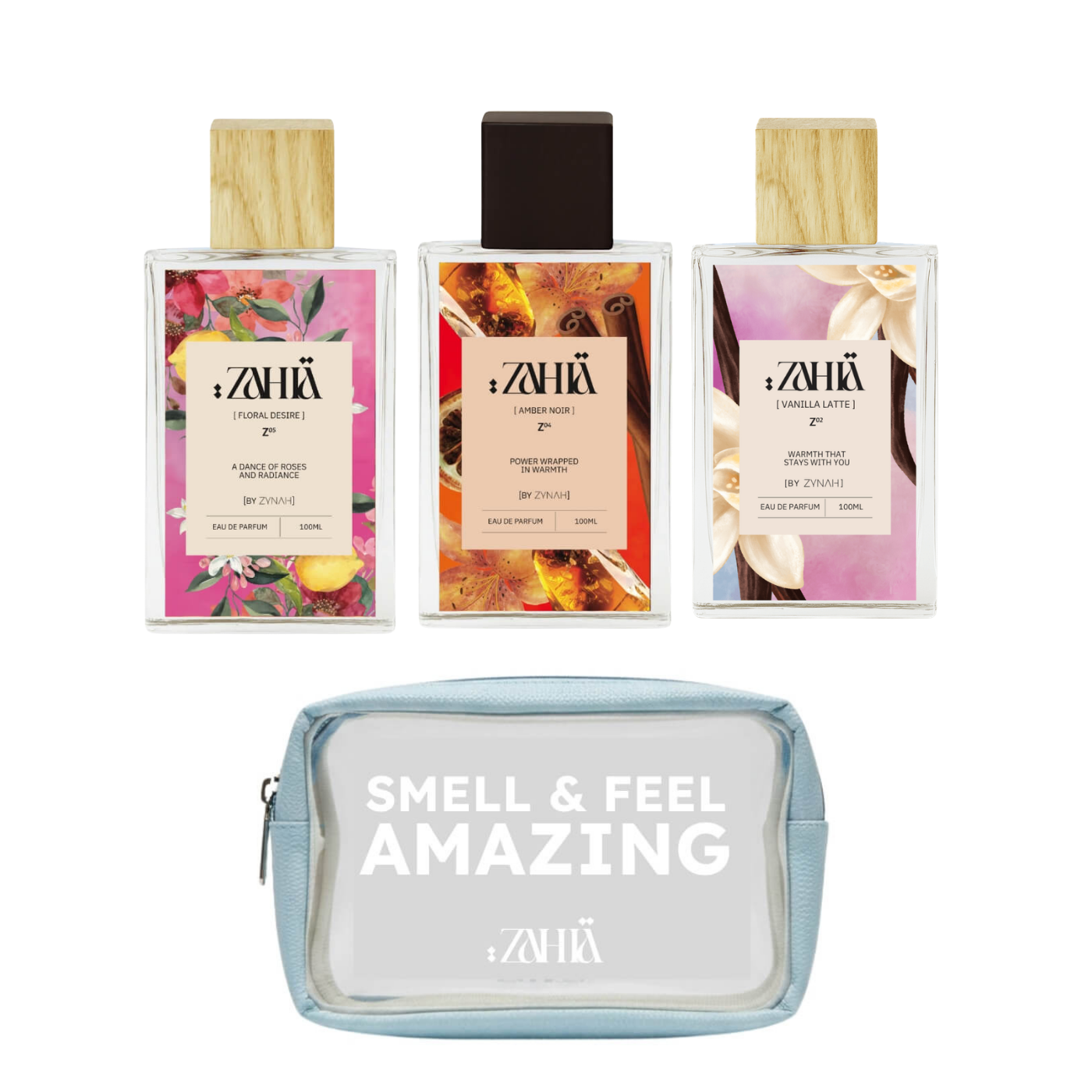 Zahia Amber Noir Perfume + Creamy Vanilla Perfume + Floral Desire Perfume + Beauty Pouch on ZYNAH