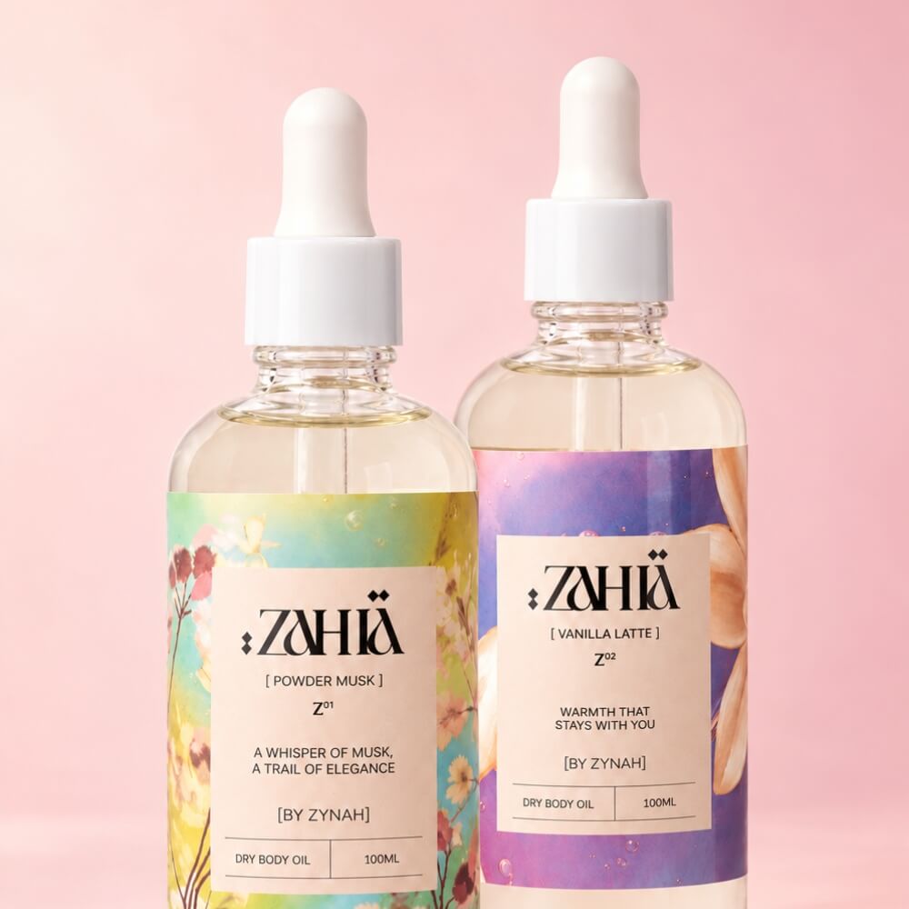 Zahia Dry Body Oil Vanilla Latte 100ml and powder musk
